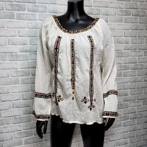 Joie Womens L Off White Gauzy Cotton Embroidered Boho Flowy‎ Top Long Sleeve